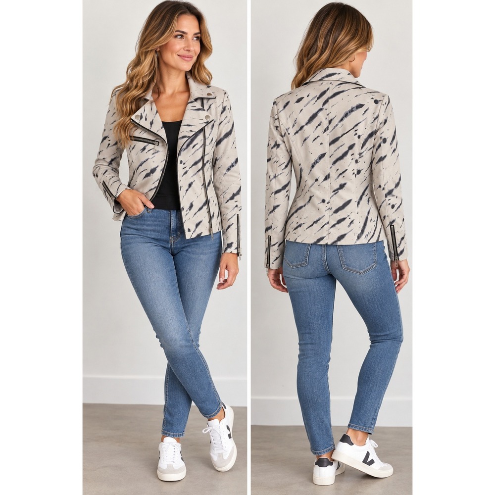 Insight New York Moto Jacket Womens 4 Edgy Chic Animal Print Faux Suede Cream